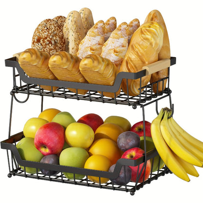 Two- or Three-Tier Black Wire Fruit Basket with Wood-Look Handle and Two Banana Hanger Hooks