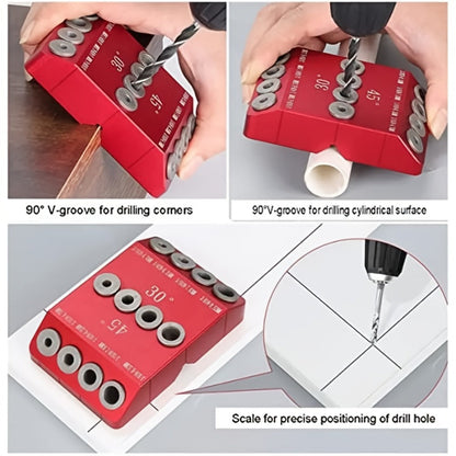 Multi-Angle Drill Guide Jig 30 45 90 Degree All-Metal for Cable Railing Lag Screw Installation Deck Stair Handrail Post Hole Drilling Precise Railing Setup Tool Red