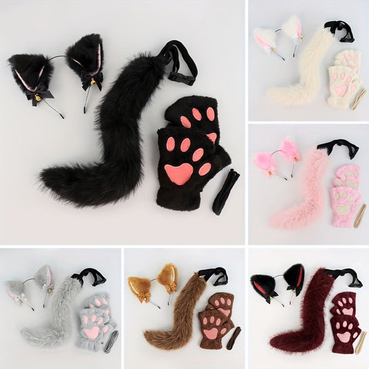 Cat Costume Set 3 Piece – Bell Ear Headband, Plush Paw Gloves & Adjustable Tail for Halloween, Cosplay, Role Play & Stage Performances, Cute Gift for Women Girls, Grey White Brown Pink
