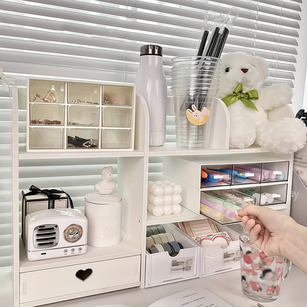 White Two-Tier Desktop Organizer Shelf with Multiple Compartments, Heart Drawer and 50 cm Wide Top