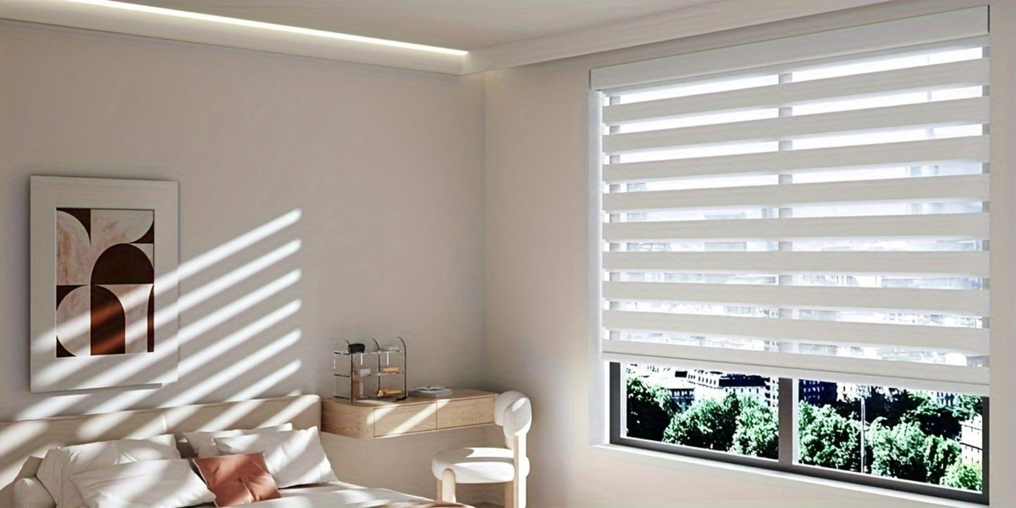 Cordless Zebra Roller Shade with Valance – Day Night Window Blind, Light Filtering Dual Layer Window Treatment Mesh Opaque Fabric