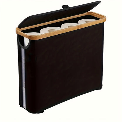 Enclosed Freestanding Toilet Paper Storage Bin with Fabric Sides, Bamboo-Look Rim and Fitted Lid in White