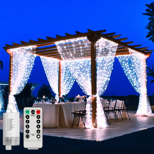String Lights, 330-LED Waterfall Curtain Panel with Battery Power, Remote, Eight Modes and Three Colors