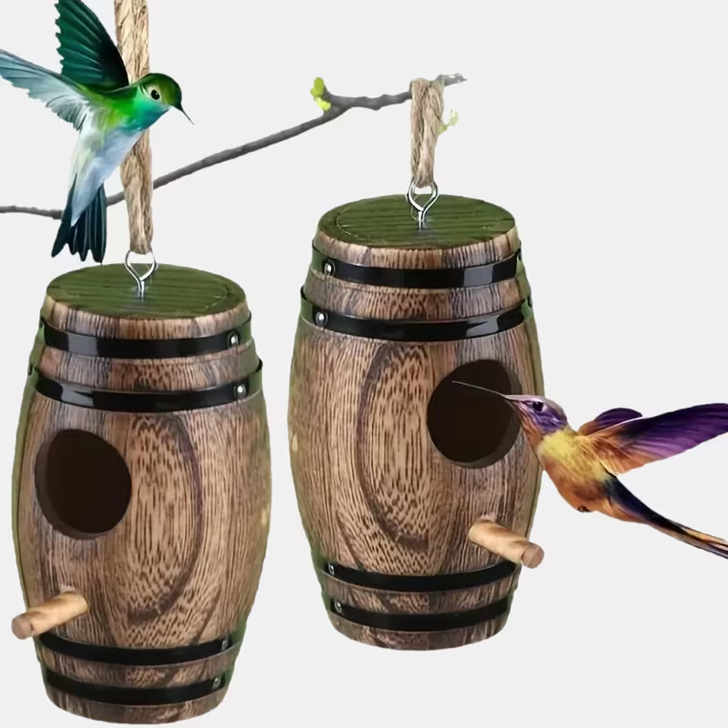 Vintage Barrel-Style Wooden Hanging Birdhouse with Round Entry, Perch, Rope Loop and Dark Wood Finish