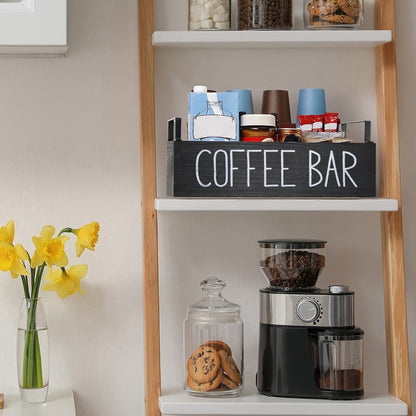 Coffee Bar Organizer Wooden Farmhouse Style - Rustic COFFEE BAR Sign Storage Tray for Pods Sugar Creamer Accessories, Waterproof Rectangular Countertop Organizer for Kitchen Coffee Station Decor
