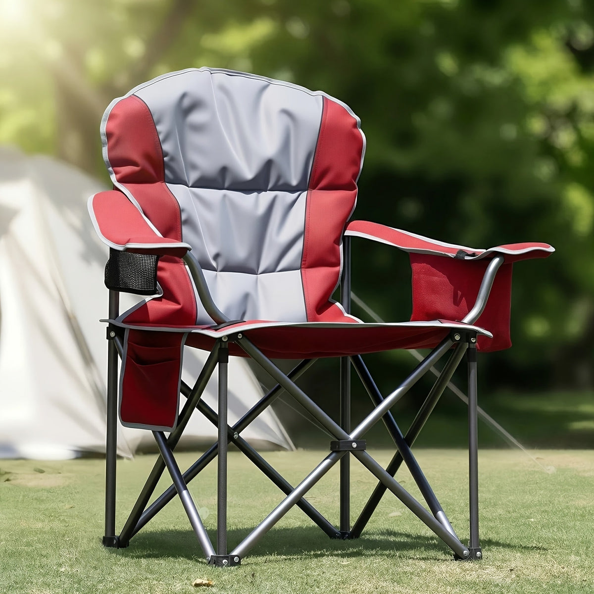 Padded Folding Camping Chair with 26.38-Inch Back, Cup Holder, Side Storage and Seven Color or Pair Options
