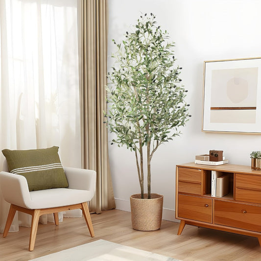 Artificial Olive Tree 4/5/6/7 Ft Tall Faux Potted Plant with Realistic Silk Leaves & Fruits for Living Room Home Decor Indoor Outdoor - Maintenance Free Decorative Tree Housewarming Gift
