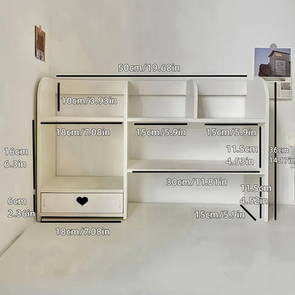 White Two-Tier Desktop Organizer Shelf with Multiple Compartments, Heart Drawer and 50 cm Wide Top