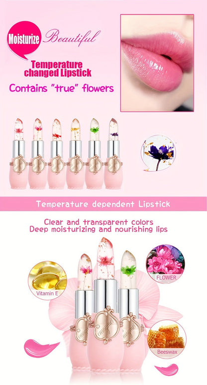 Jelly Lip Balm Set 6 Pack Color Changing — Temperature-Sensitive Dried Flower Extract, Sheer Moisturizing Clear Gloss, Natural Pink Tint, Long-Lasting Hydration Lip Care for Women
