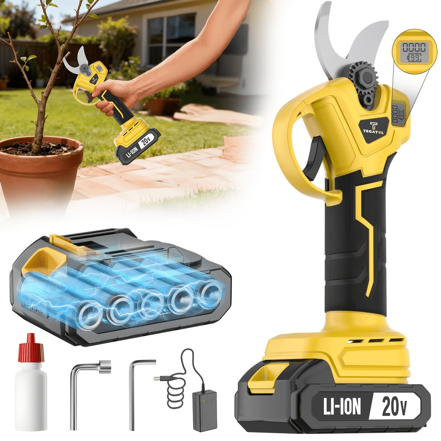 20V-Labeled Cordless Pruning Shears with Display, Yellow or Green Body and One- or Two-Battery Kits