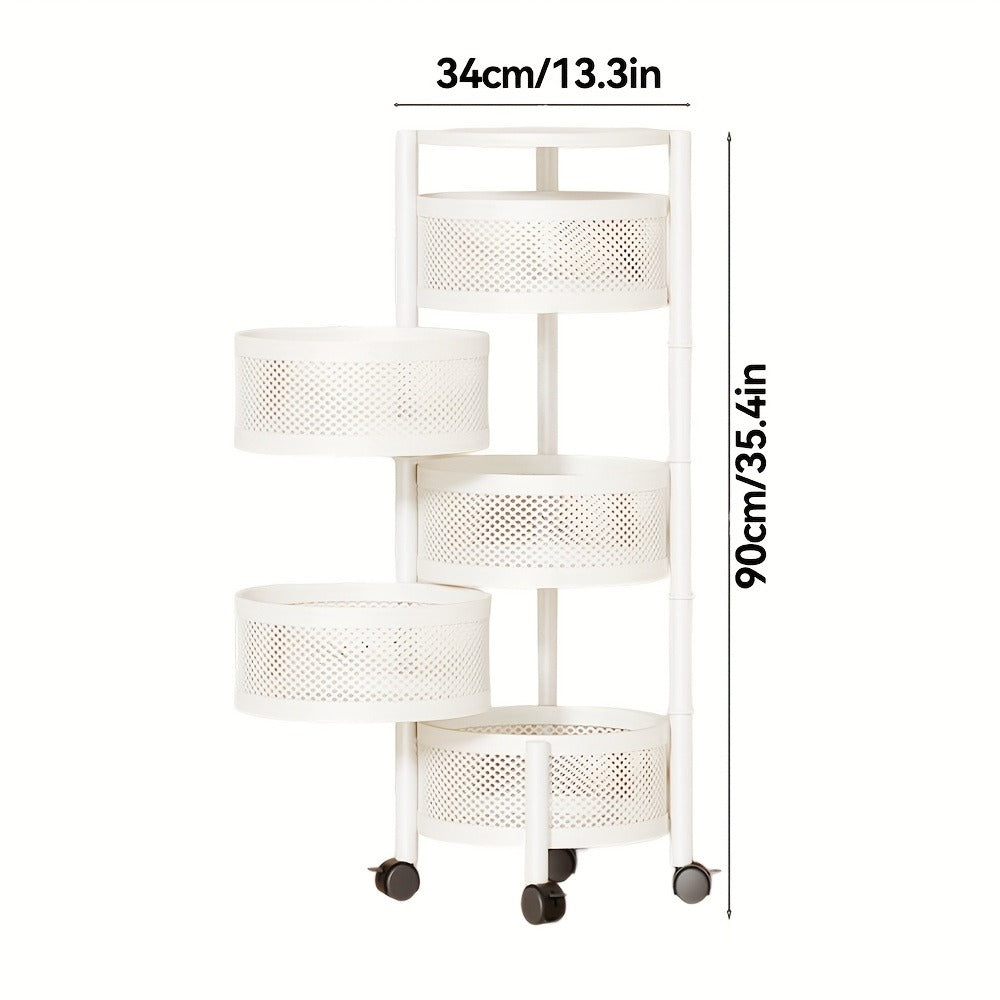 Round-Basket Rolling Storage Rack with Four or Five Mesh Levels, Caster Base and Black or White Finish