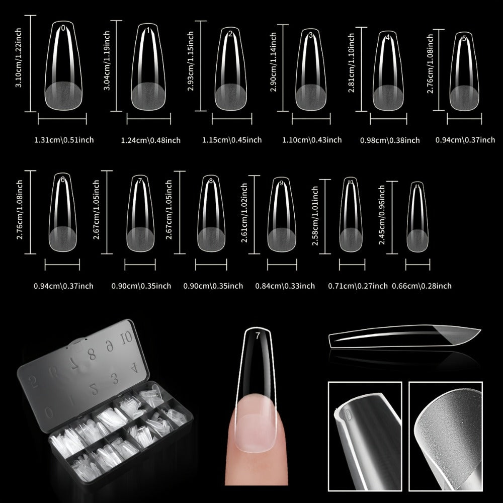 Clear Full-Cover Nail Tips, 600-Piece Set in Nine Almond, Oval, Stiletto, Coffin and Square Length Options