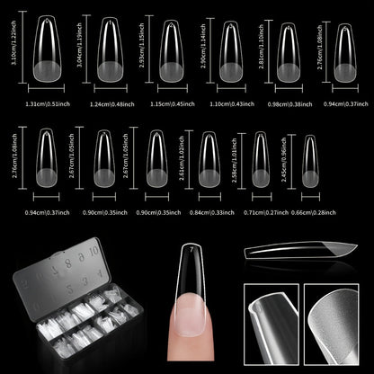 Clear Full-Cover Nail Tips, 600-Piece Set in Nine Almond, Oval, Stiletto, Coffin and Square Length Options