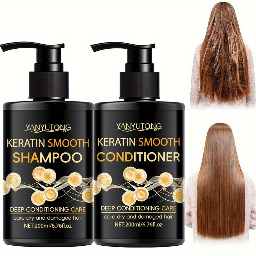 Keratin Shampoo and Conditioner Set Repairs Breakage Split Ends Moisturizes Scalp for Color-Treated Heat Damaged Dry Frizzy Hair All Hair Types Women Men 200ml Each