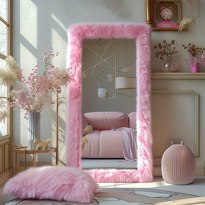 Full Length Mirror with Faux Fur Frame 24x63 Inch Leaning Floor Mirror for Bedroom Living Room Hallway Vanity Dressing Mirror Pink Gray White
