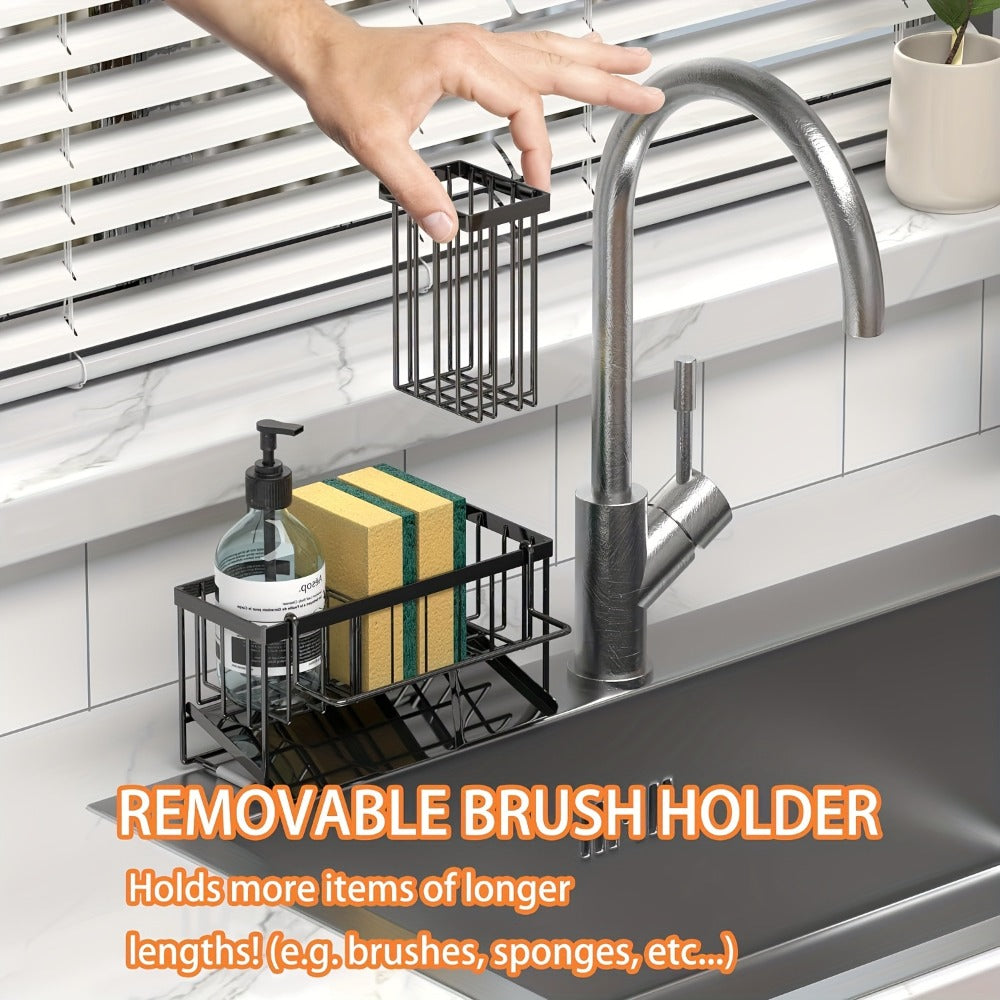 Black Sink Caddy with Drain Tray, Hanging Dishcloth Bar, Brush Holder and 23.5 cm Countertop Width
