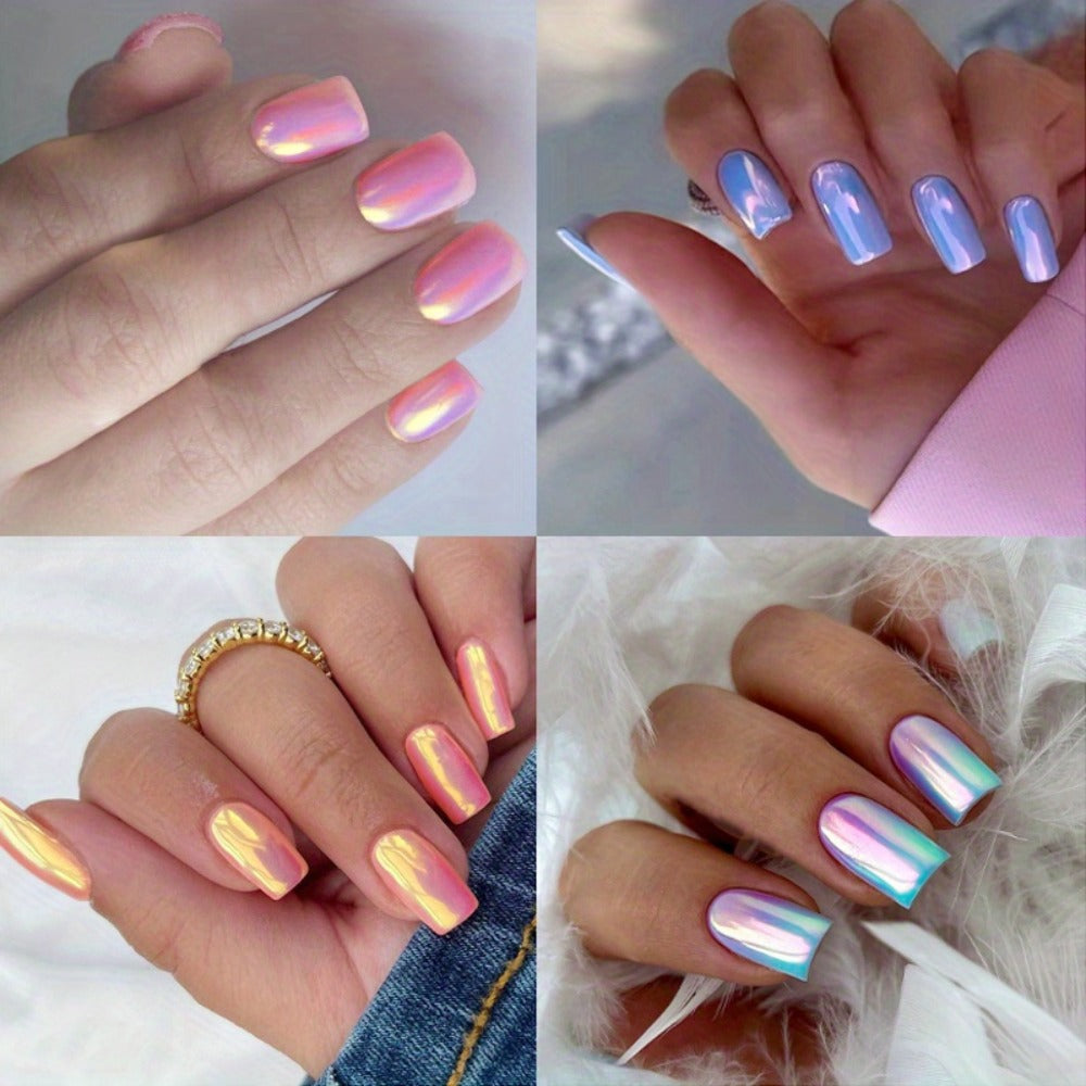 Press On Nails 96-Piece Short Square Set with Pink Chrome Mirror Metallic Full-Cover Finish