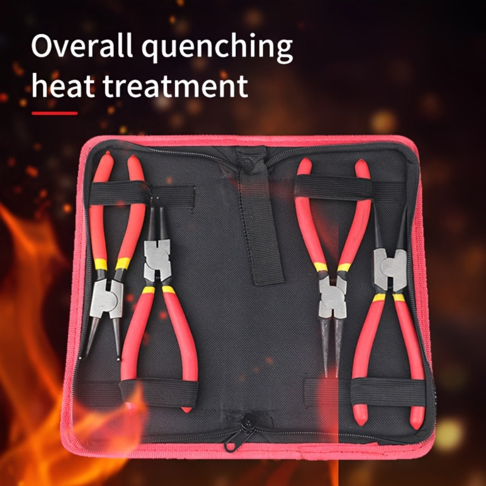 Four-Piece Snap Ring Pliers Set with Straight and Curved Jaws for Internal or External Rings in 7- or 9-Inch Sizes