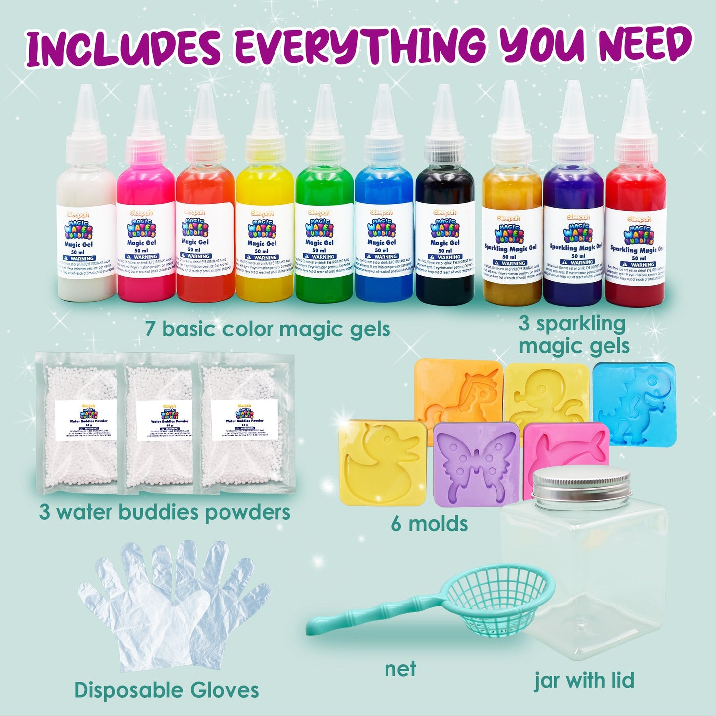 Magic Water Gel Creature Craft Kit with Ten Color Gels, Six Molds, Mixing Powders and Lidded Display Jar