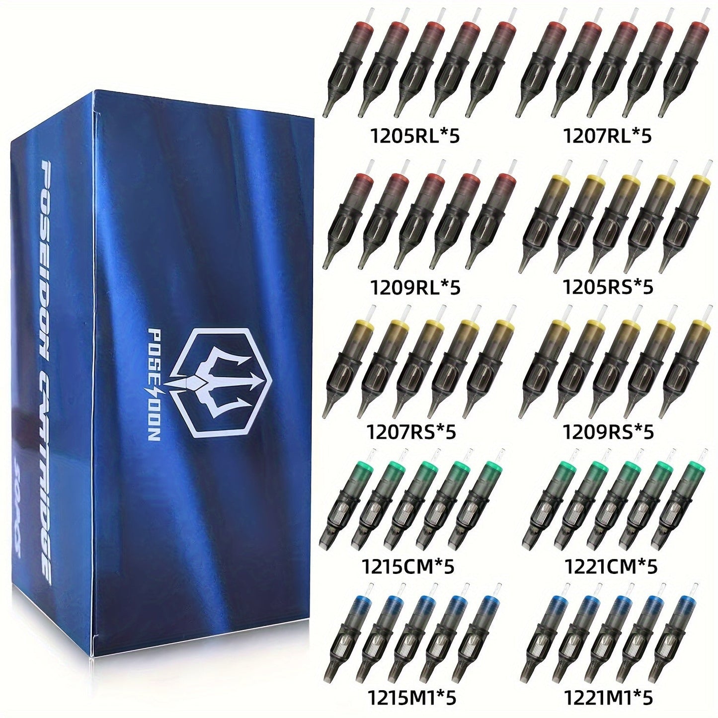 Tattoo Cartridge Needles with Poseidon Label, 50-Piece Long-Taper Round Liner Assorted Pack