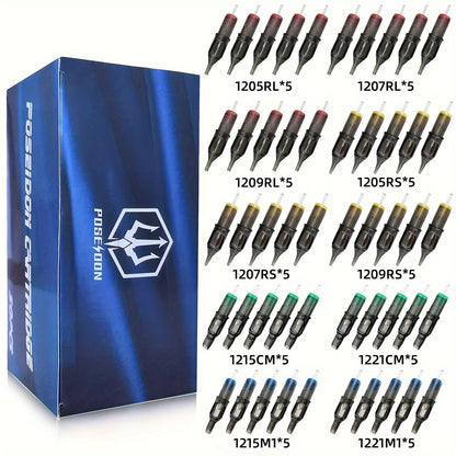Tattoo Cartridge Needles with Poseidon Label, 50-Piece Long-Taper Round Liner Assorted Pack
