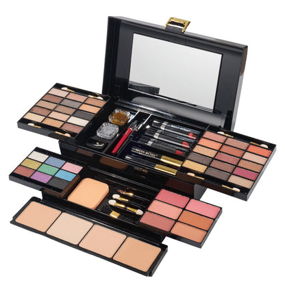 Makeup Kit 58-Color Black Mirror Case with Sliding Trays for Face, Eye and Lip Cosmetics plus Application Tools