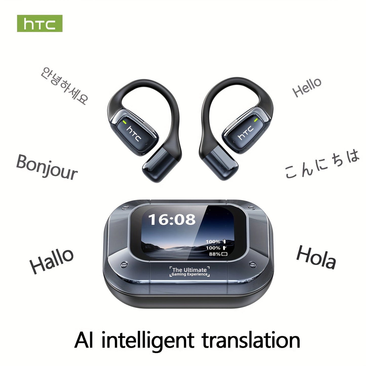 Open-Back Hi-Fi Gaming Earphones HTC NE25 AI Real-Time Translation 135 Languages LED Smart Screen Low Latency Long Battery Lightweight Wireless Headphones Black