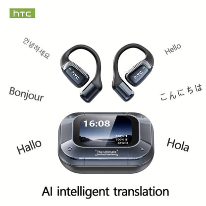 Open-Back Hi-Fi Gaming Earphones HTC NE25 AI Real-Time Translation 135 Languages LED Smart Screen Low Latency Long Battery Lightweight Wireless Headphones Black