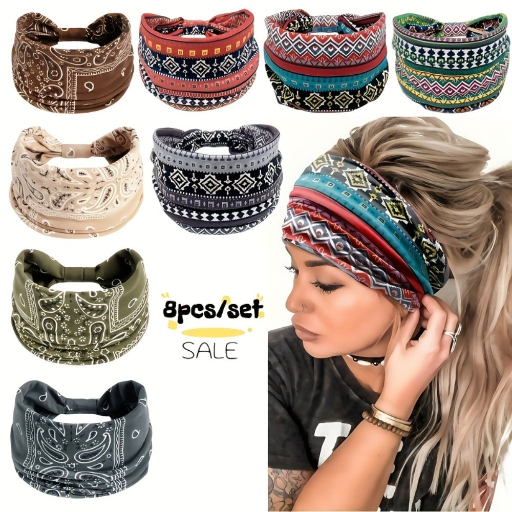 Eight Wide Knotted Headbands with Mixed Paisley and Geometric Patterns in One Image-Bound Set