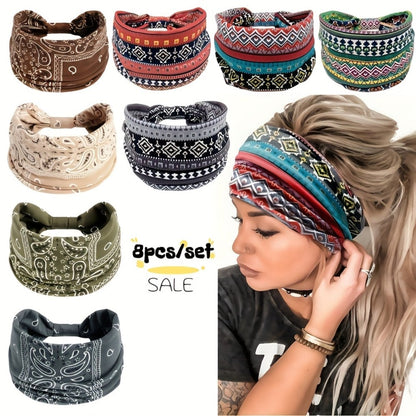 Eight Wide Knotted Headbands with Mixed Paisley and Geometric Patterns in One Image-Bound Set