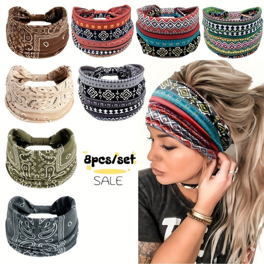 Floral Turban Headbands for Women 8 Pack Non-Slip Elastic Boho Knotted Wide Hair Wrap for Sports Yoga Running Workout Sweatband Moisture Wicking Fashion Hair Accessories Gift Set