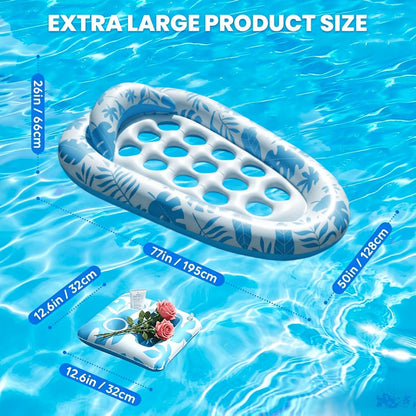 Blue-and-White Inflatable Pool Lounger with Backrest, Cup Holder and 77 x 50-Inch Pictured Size