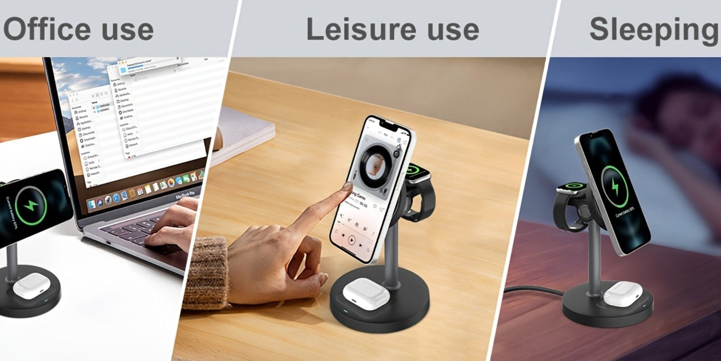 3-in-1 Wireless Charging Station 6 Colors Fast Qi Charger for iPhone 17/16/15/14/13/12, Apple Watch Ultra/Series 11/10/9/SE & AirPods 4/3/2 Pro – Anti-Slip Foreign Object Detection | Pink White Black Purple Green Blue