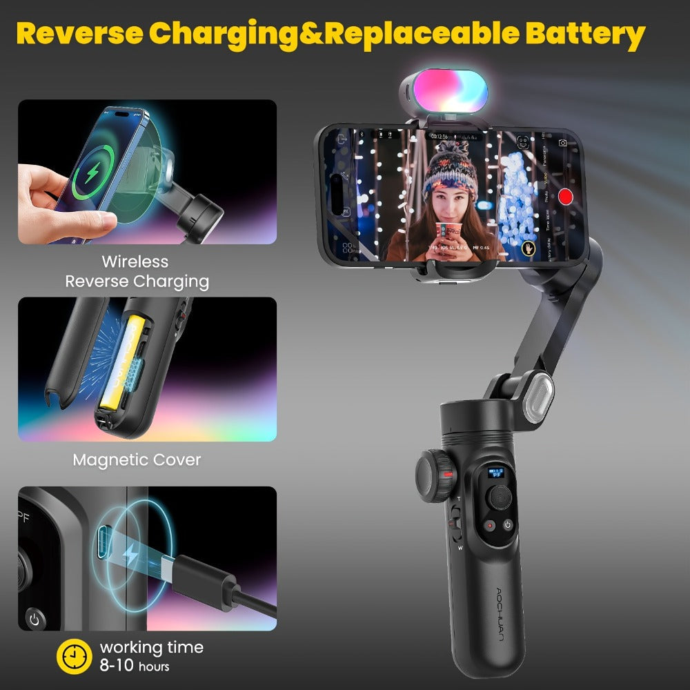 AOCHUAN Smart X Pro Combo 3-Axis Smartphone Gimbal Stabilizer | RGB Fill Light, Extension Rod, OLED Display & Wireless Charging for iPhone 15 14 13 Pro Max, YouTube Vlogging & Live Streaming