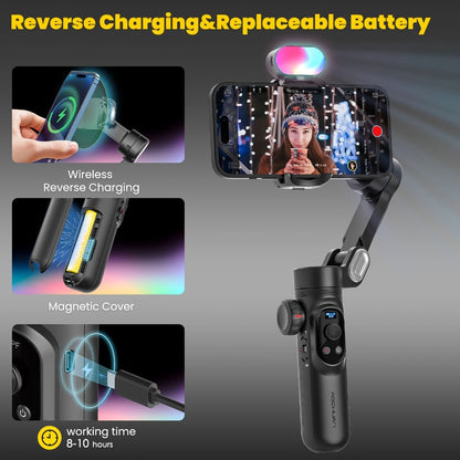 AOCHUAN Smart X Pro Combo 3-Axis Smartphone Gimbal Stabilizer | RGB Fill Light, Extension Rod, OLED Display & Wireless Charging for iPhone 15 14 13 Pro Max, YouTube Vlogging & Live Streaming