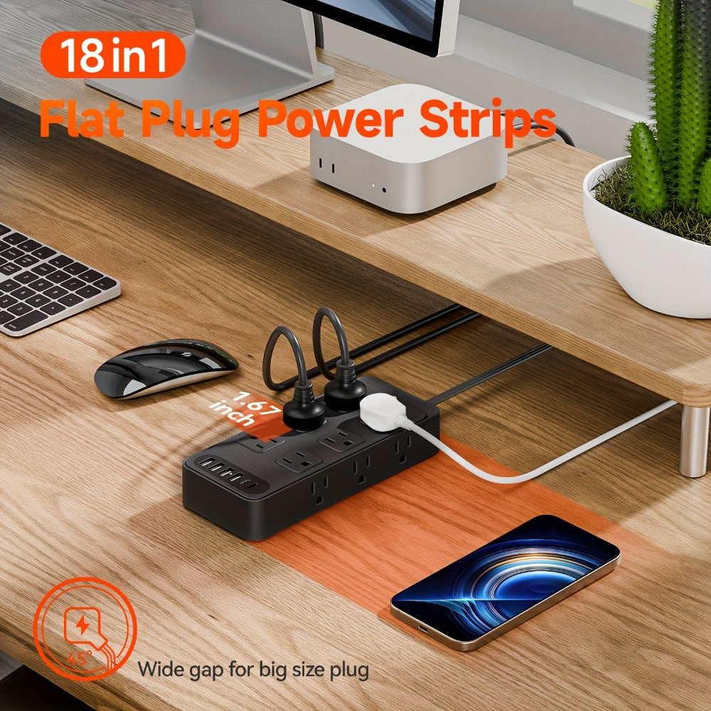 Power Strip Flat Plug 18-in-1 Surge Protector with 12 AC Outlets, 4 USB-A, 2 USB-C and 5- or 10-Foot Cord