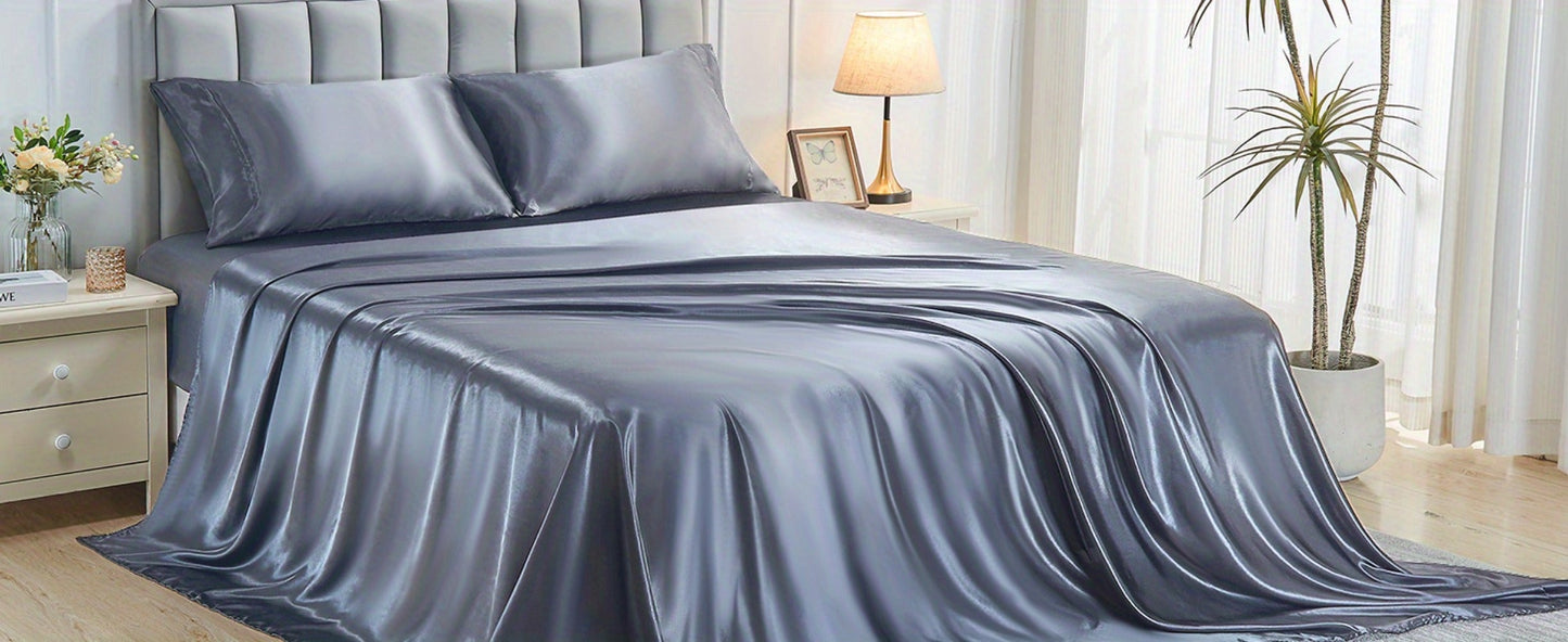 Bed Sheet Set 4-Piece Satin with 35–39 cm Deep Pocket, Machine-Washable Care and Seven Colors