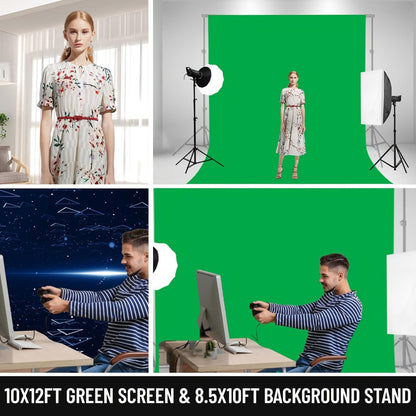 Green Screen Backdrop and Stand Kit with Crossbar, Two Tripods, Four Clamps and Exact 8.5 by 10 Foot Option