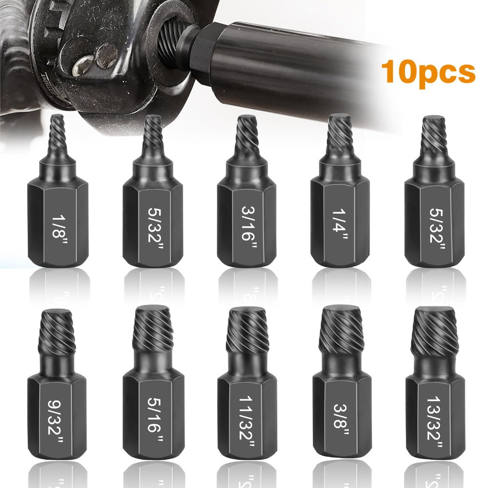 Ten-Piece Screw Extractor Set with Left-Hand Spiral Heads, Hex Drive Ends and Sizes from 1/8 to 13/32 Inch