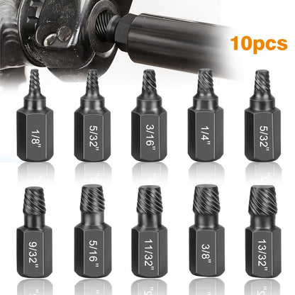 Ten-Piece Screw Extractor Set with Left-Hand Spiral Heads, Hex Drive Ends and Sizes from 1/8 to 13/32 Inch