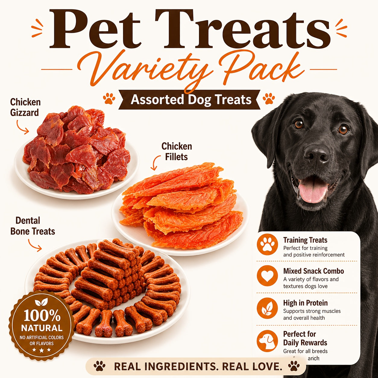 Dog Treats Duck Jerky, Chicken Pieces and Beef Sausage Assortment with Four Retained Flavor Options