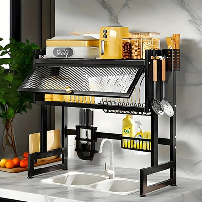 Dish Drying Rack Multi-Layer Kitchen Countertop Organizer - Dust-Free Drainer for Plates Bowls Utensils