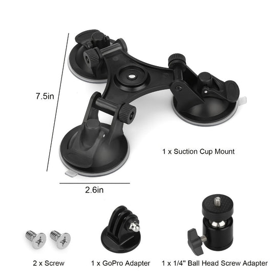 Suction Cup Camera Mount with 3 Bases – Universal 360° Ball Head Car Camera Holder for GoPro Hero 10 9 8 7, Action Cameras, DSLRs & Camcorders, Quick Release, ABS, Smooth Surface Secure Grip