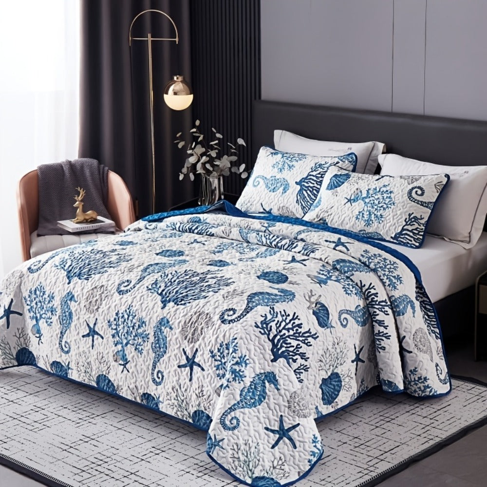 Three-Piece Ocean-Print Duvet Cover Set with Two Pillowcases in Twin, Full-Queen or King Sizes