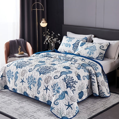 Three-Piece Ocean-Print Duvet Cover Set with Two Pillowcases in Twin, Full-Queen or King Sizes
