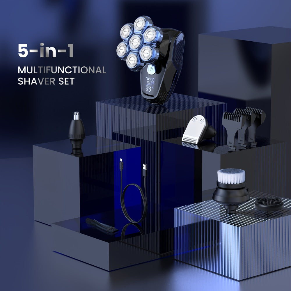 Electric Head Shaver for Bald Men 7D 7 Floating Heads — All-in-One Grooming Kit with Nose Hair Trimmer & Facial Cleaning Brush, 1.5H Fast Charging, Travel Lock, Rechargeable Men's Razor Gift Set (Blue/Black/Gold/Coffee)