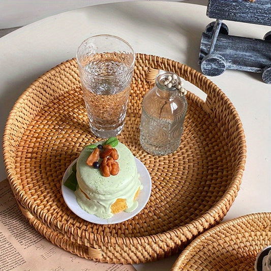 Serving Tray Basket - Hand-Woven Round Rattan Organizer for Fruits Bread Snacks, Rustic Farmhouse Decor for Kitchen Dining Table Coffee Station