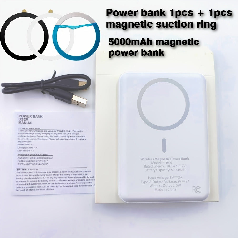 5000mAh-Labeled Magnetic Wireless Power Bank with White Ring Bundle or Blue Upgrade Option