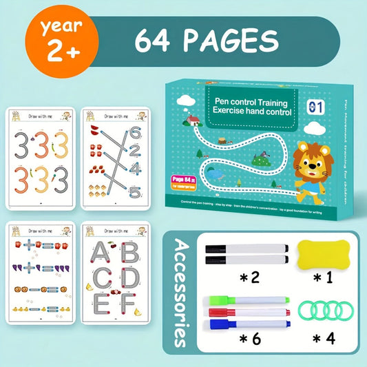 Reusable Magic Practice Book Set for Kids Ages 3-8 – 64 Pages Handwriting & Calligraphy Workbook with 8 Erasable Pens & Eraser, Letter Number Tracing Writing Practice Gift for Boys Girls Preschool Kindergarten