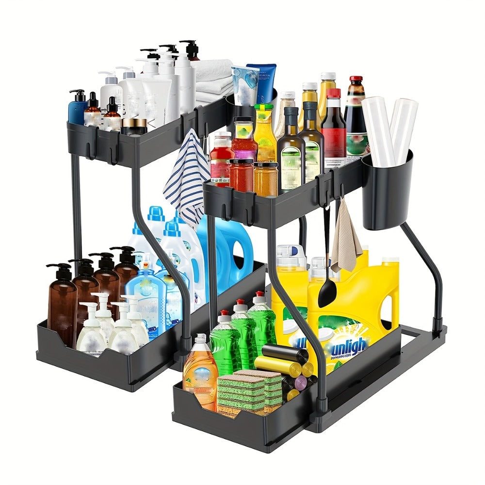 Under Sink Storage Organizer 2-Piece Sliding Shelf Set in Black or White for Kitchen and Bathroom